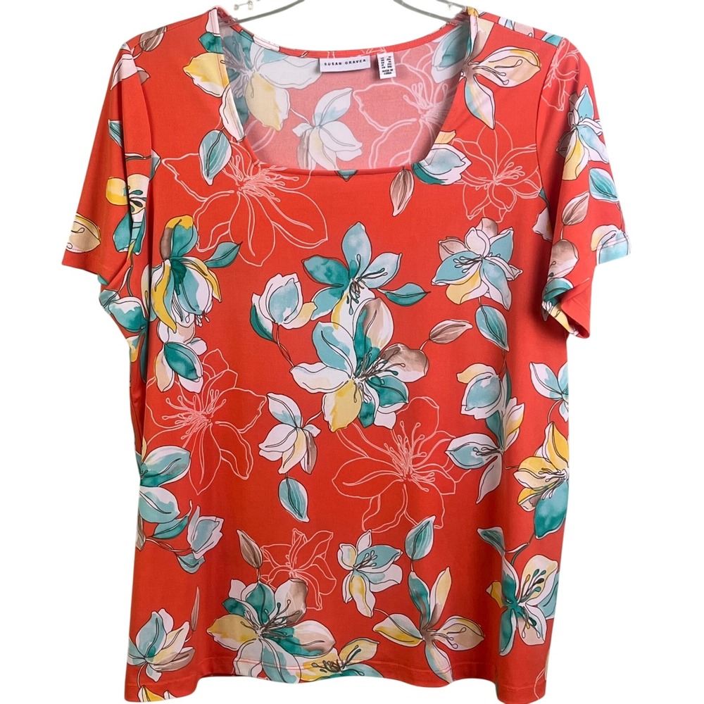 Susan Graver Orange Green Tropical Short Sleeve Square Neck Liquid Knit Shirt 1X